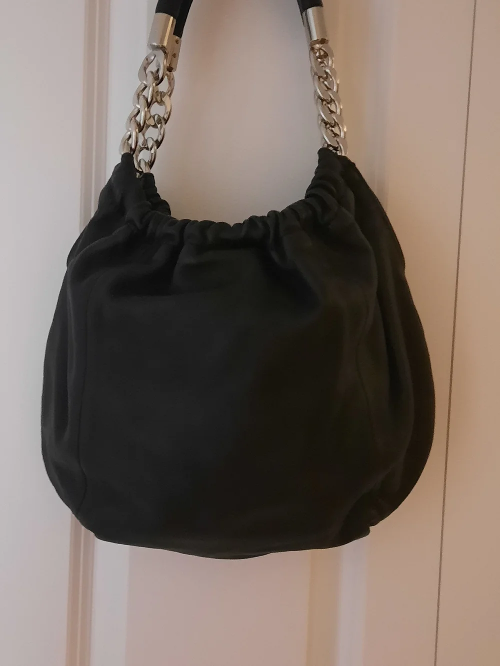 Black Leather Shoulder Bag with Gold Chain Handle